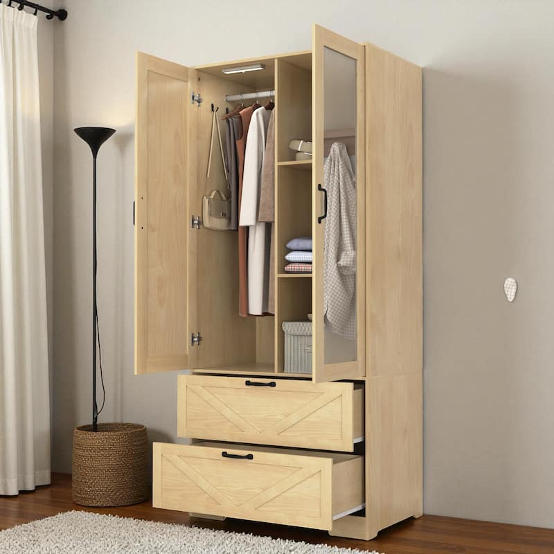2-Door Wood Wardrobe with Hanging Rod Induction Light and 2 Drawers Bedroom Closet Storage Cabinet with Mirror