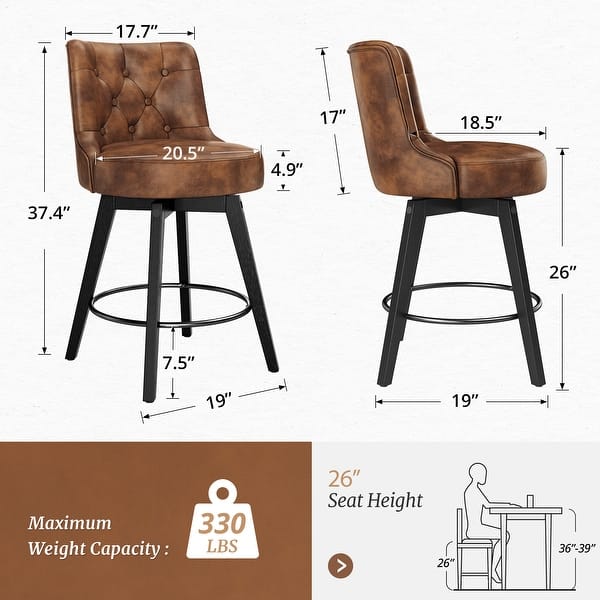 dimension image slide 2 of 5, 26" Counter Height Bar Stools Swivel Bar stool with Backs - 26" H