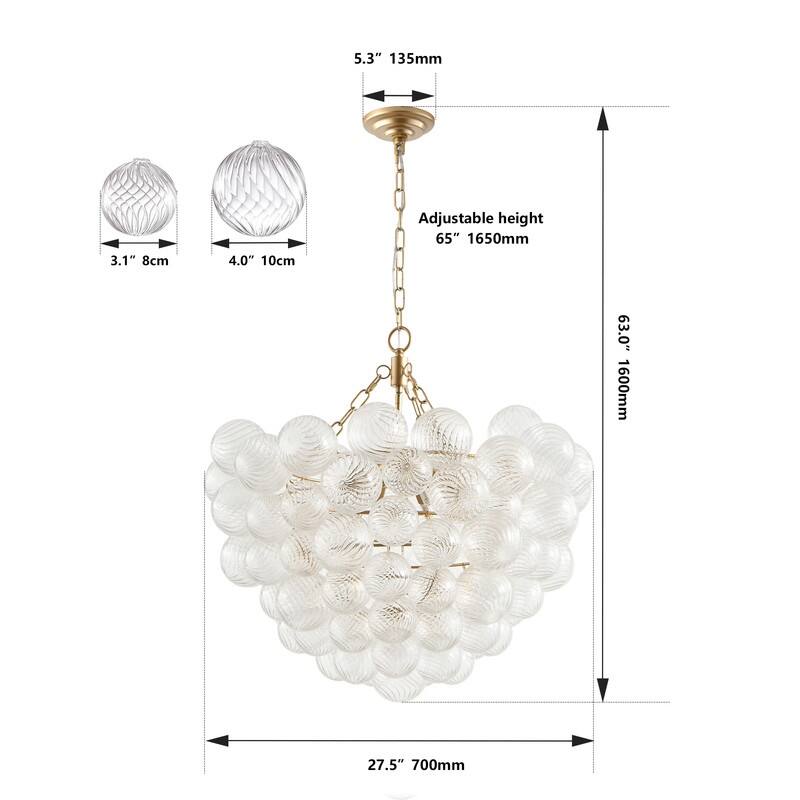 Adjustable Gold Pendant Chandelier with Threaded Clear Glass Globe Shade–Perfect for Living Rooms,Dining Rooms (No Bulbs) .