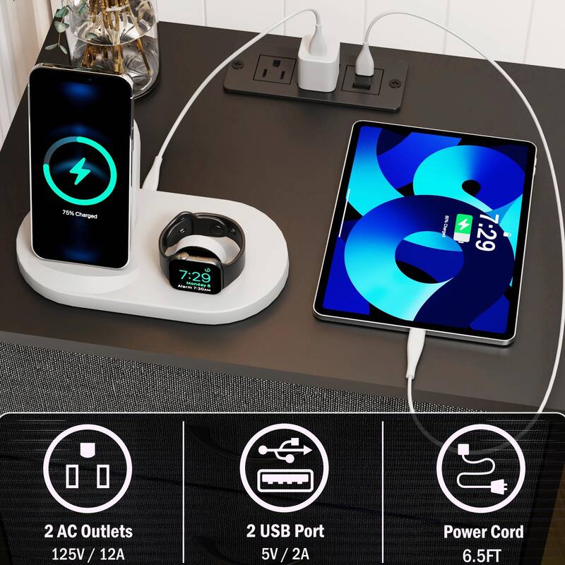 2-Pack LED Nightstands with Charging Station & Fabric Drawers
