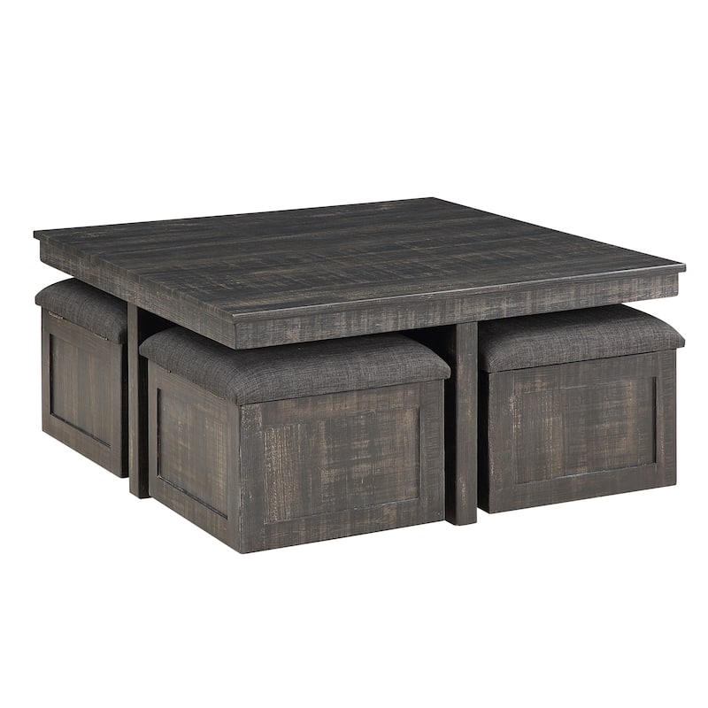 Wood Coffee Table Set with Storage Stools