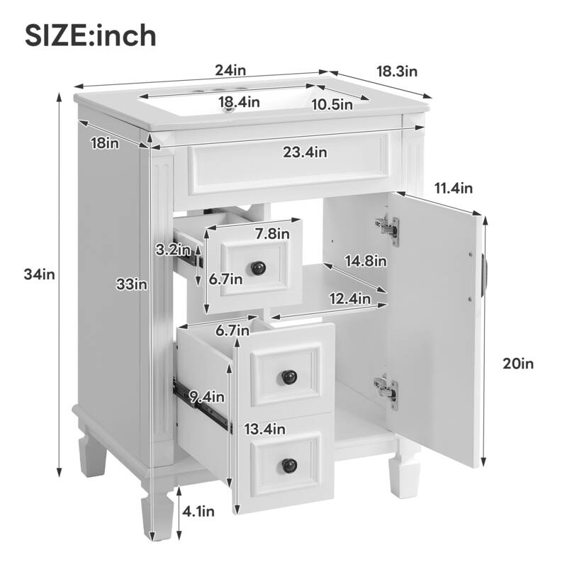 24" Freestanding Bathroom Vanity with White Integrated Ceramic Sink - 24'' x 18.3'' x 34''