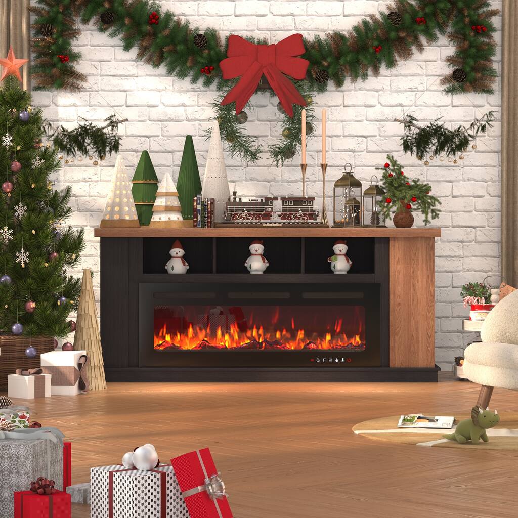 Traditional 70" TV Stand with 50" Electric Fireplace, Light Strips, Sockets, Open Shelves, and Cabinets for TVs up to 80"