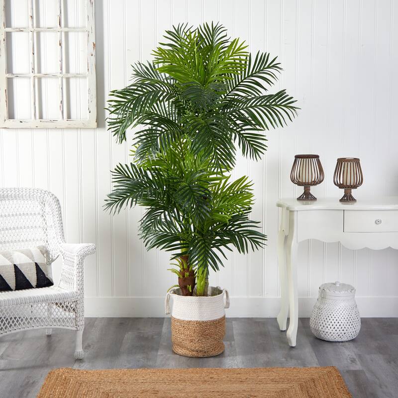 Artificial Palm Tree 6Ft - Realistic Indoor Tropical Tree with Cotton Planter - Home Decor Accent - Green