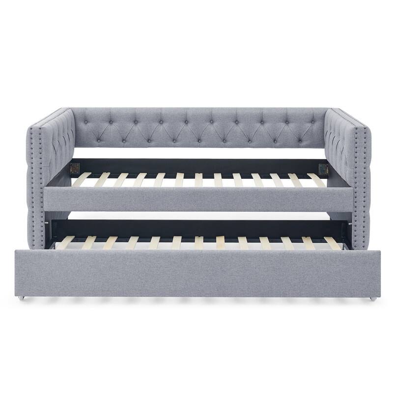 Daybed with Trundle Upholstered Tufted Sofa Bed with Button and Copper Nail on Square Arms