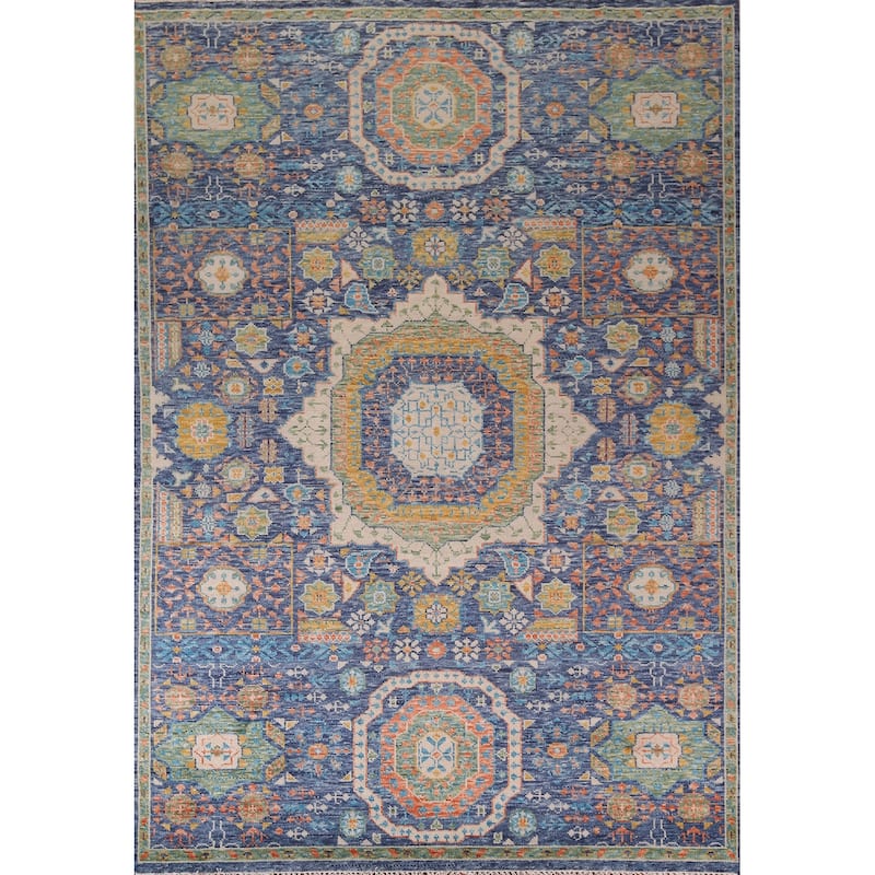 Blue Geometric Khotan Oriental Area Rug Handmade Wool Carpet - 8'9"x 11'11"