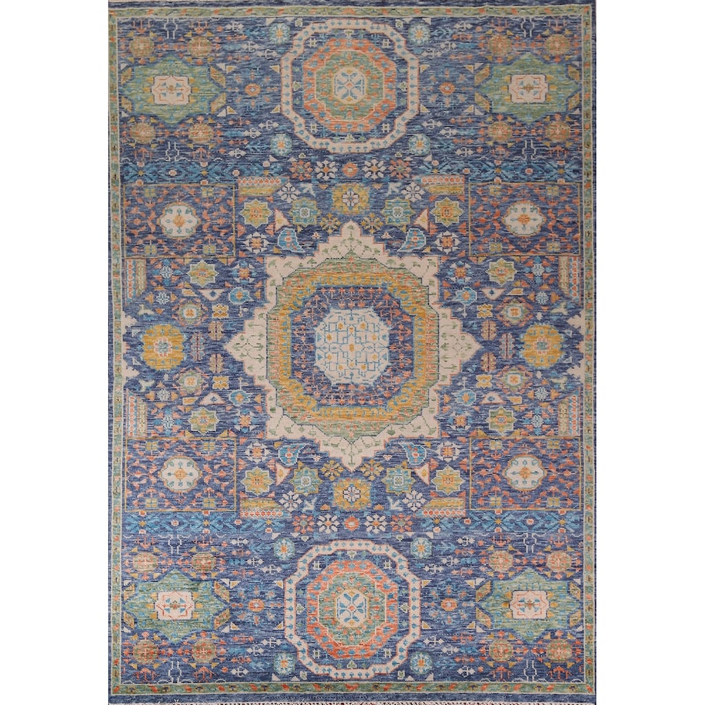 Blue Geometric Khotan Oriental Area Rug Handmade Wool Carpet - 8'9"x 11'11"