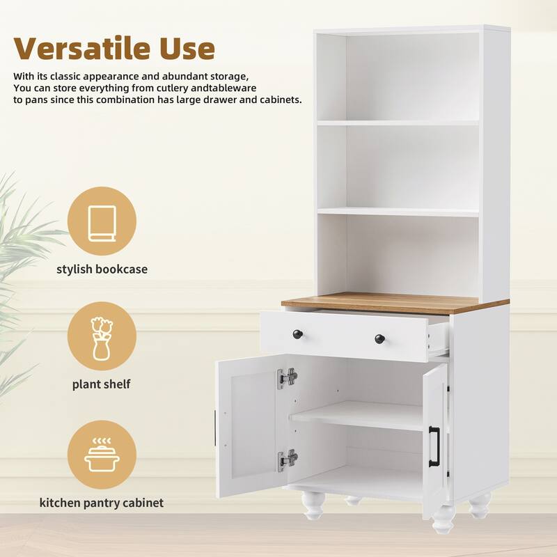 Farmhouse Storage Cabinet: 4 Solid Wood Gourd Legs, Adjustable Shelves, 5-Tier Bookshelf with Drawer