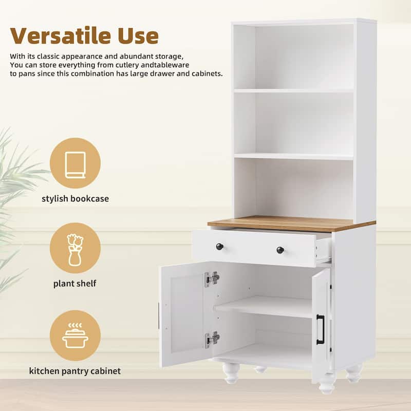 Storage Cabinet with 4 Solid Wood Gourd-Shaped Legs,Kitchen Pantry Cabinet with Adjustable Shelves,5 Tier Bookshelf with Drawer