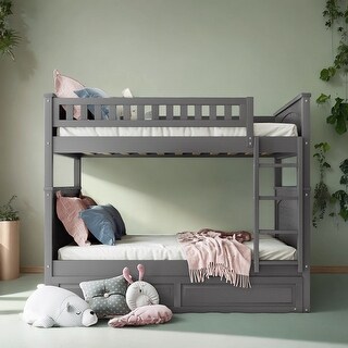 Full Over Full Bunk Bed with Twin Size Trundle, Grey