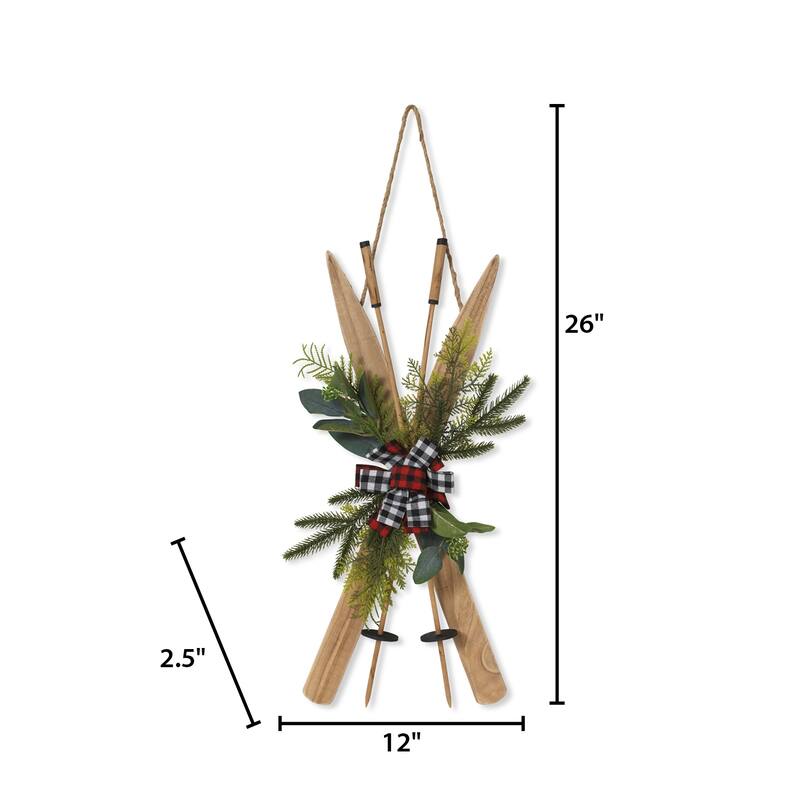 26 in Wood Ski Wall Hanging with Floral and Fabric Bow Accent - N/A