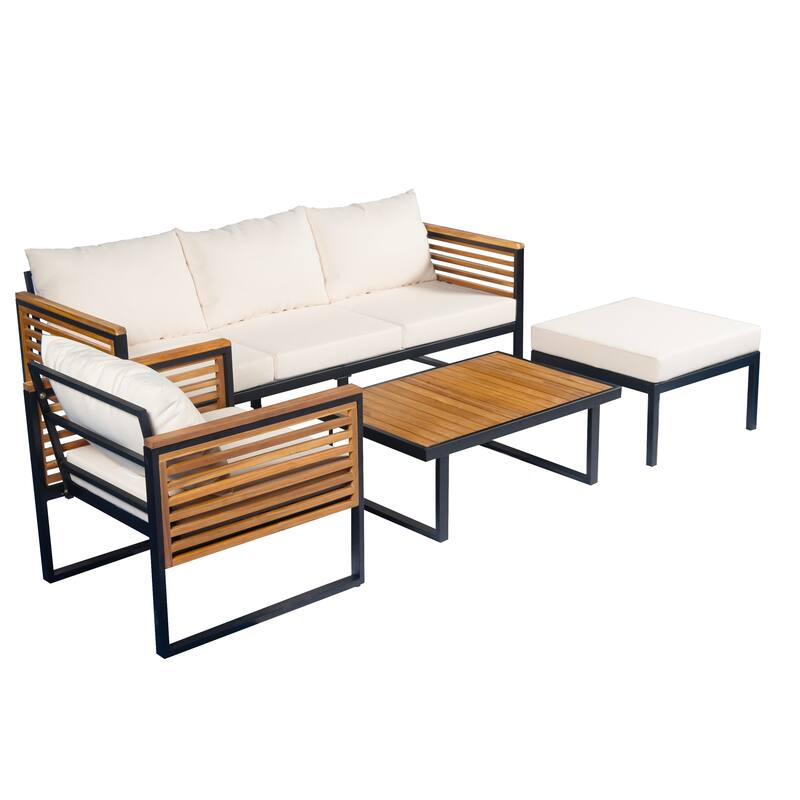 Outdoor Sectional Sofa Set with Ottoman and Coffee Table, L-shape Recliner Couch with Chaise Lounge, Acacia Wood Sofa Set