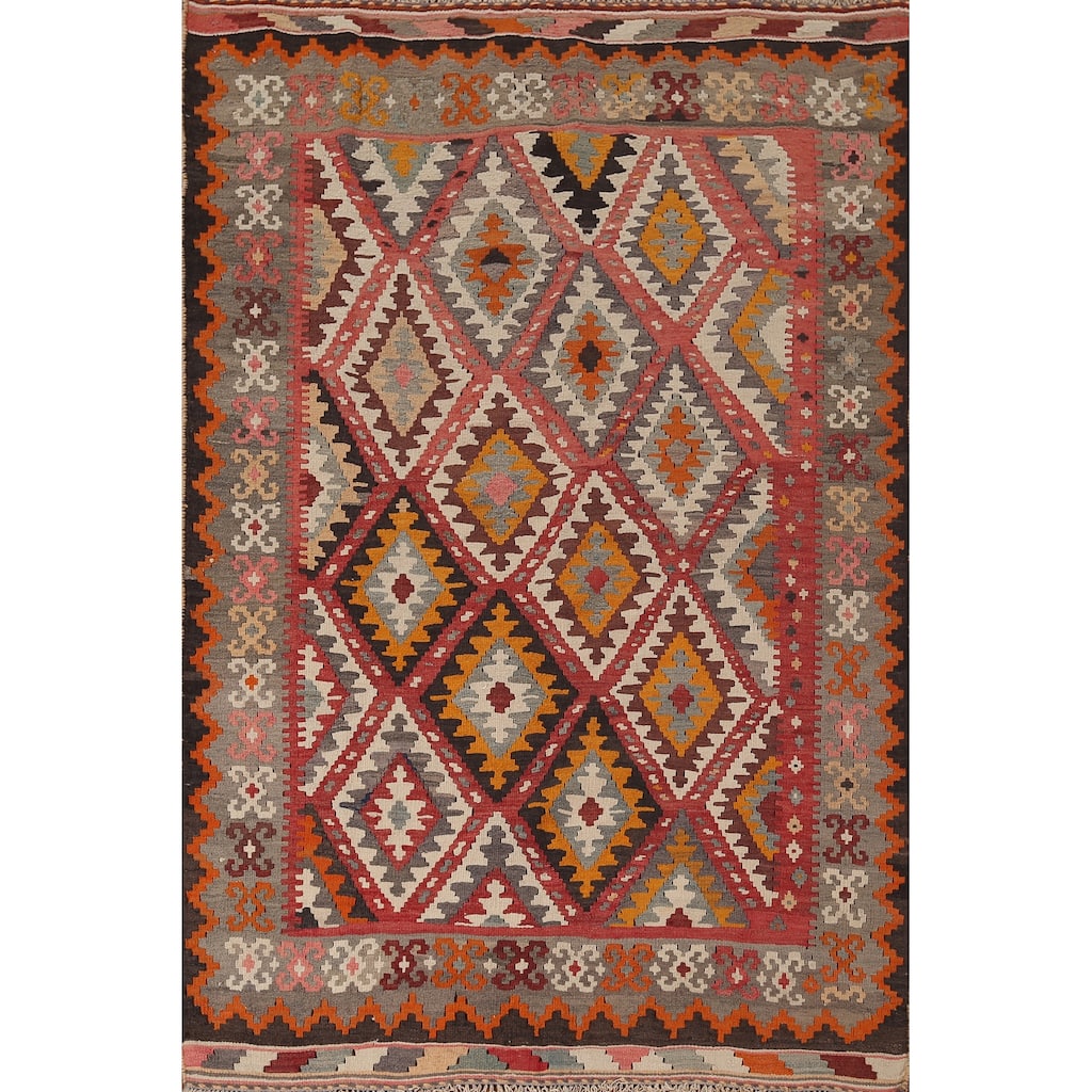 Flatweave Red & Pink Geometric Kilim Persian Vintage Area Rug - 4'4"x 6'9"