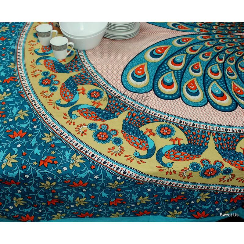 Cotton Floral Twin Peacock Tablecloth Indian BlockPrint Rectangle