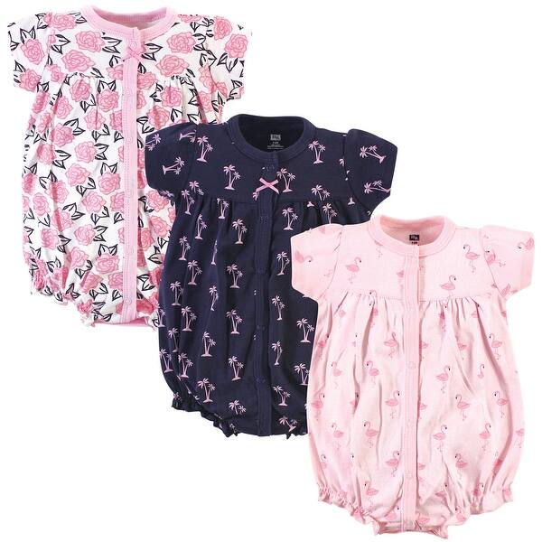 slide 1 of 1, Hudson Baby Infant Girl Cotton Rompers 3pk, Pink Flamingo 0 - 3 Months - Blue/Pink