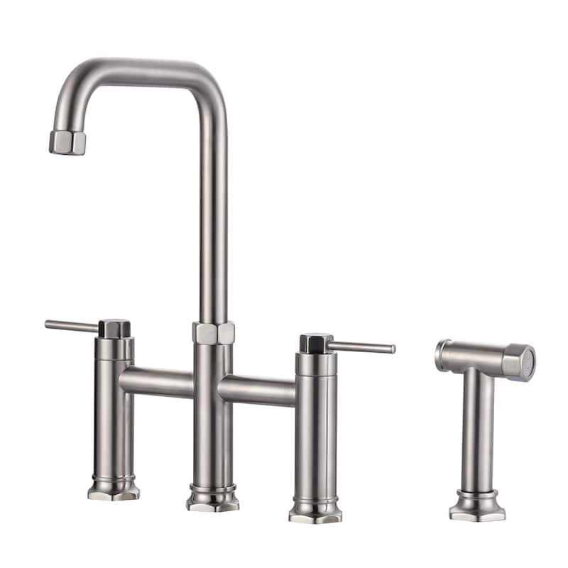 WOWOW Minimalist Bridge Kitchen Faucet with Side Sprayer - Brushed Nickel