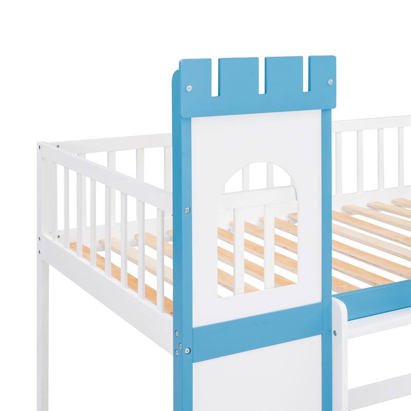 Castle Shaped Wood Bunk Bed with Door and Window, Twin Over Twin Size