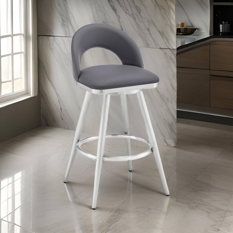 Visy 30 Inch Swivel Barstool Chair, Round Open Back, Gray Faux Leather