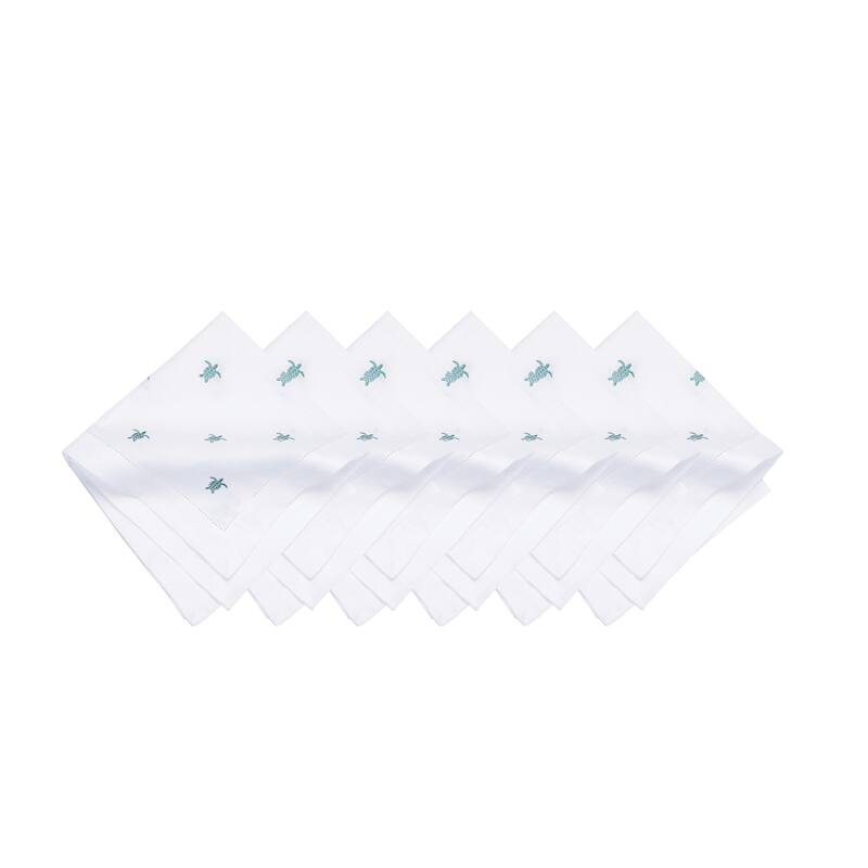 20" x 20" Aqua Turtle Embroidered Machine Washable Hemstitch Napkins Set of 6 - Blue