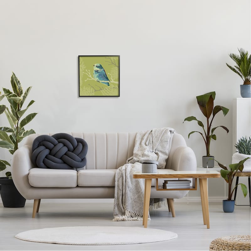 Stupell Small Blue Bird Perched Modern Layered Botanicals Framed Wall Art, Design by Verbrugge Watercolor