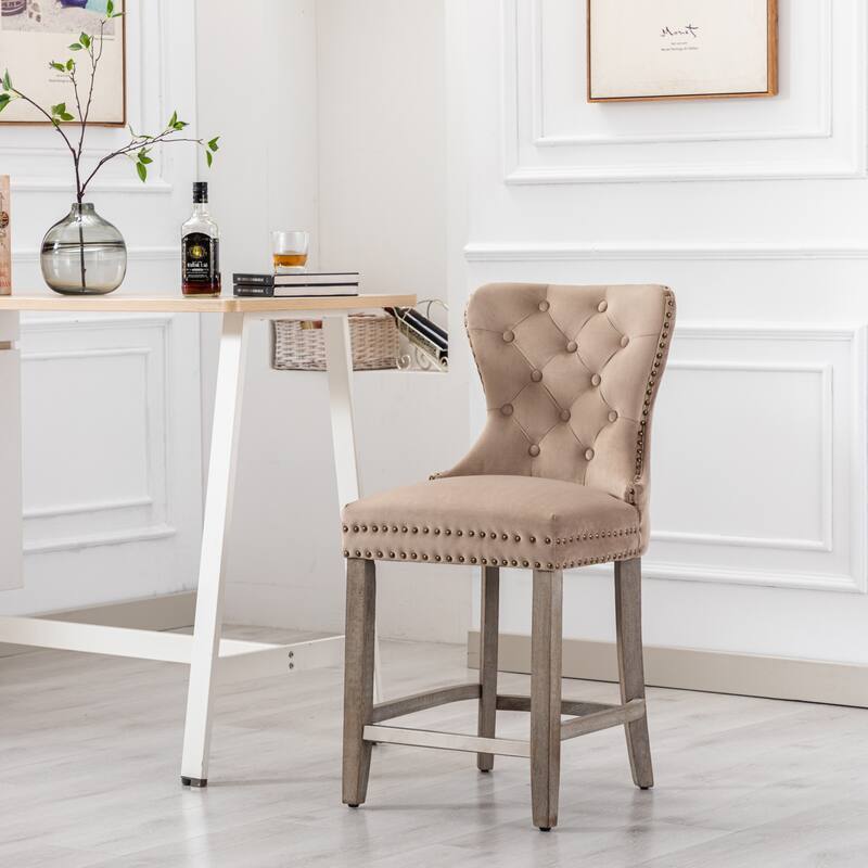 Carter 29" Wingback Tufted Nailhead Bar Stool with Antique Grey Legs