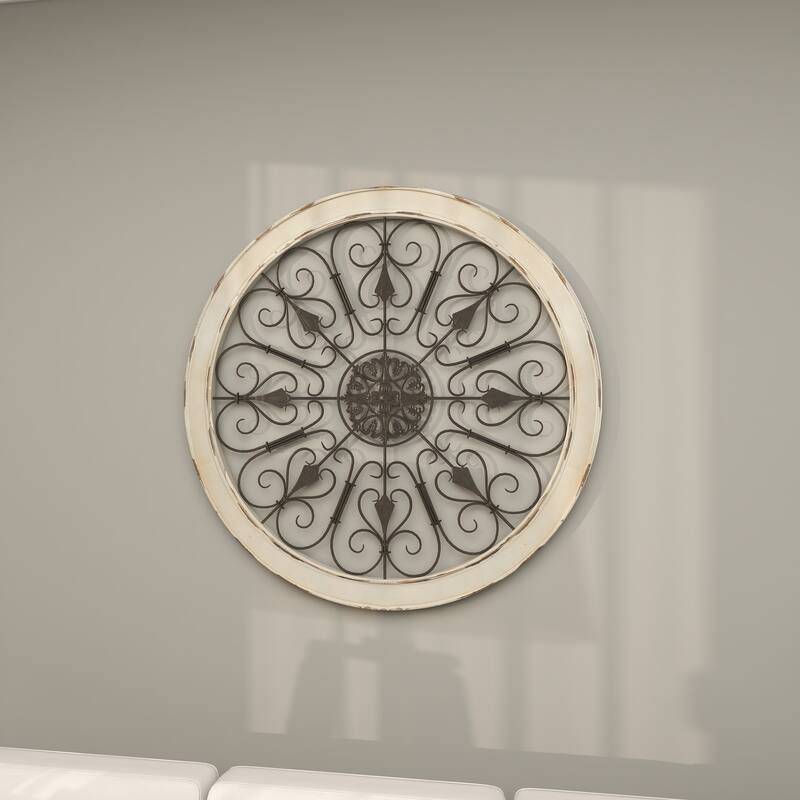 Wood Scroll Window Inspired Home Wall Decor with Metal Scrollwork Relief - White - Roche River Decor