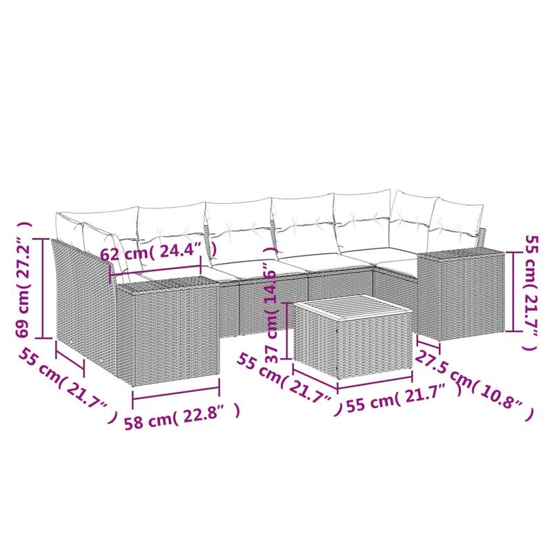 vidaXL Patio Sofa Set with Cushions Outdoor Furniture 8 Piece Poly Rattan - 21.7 x 21.7 x 14.6