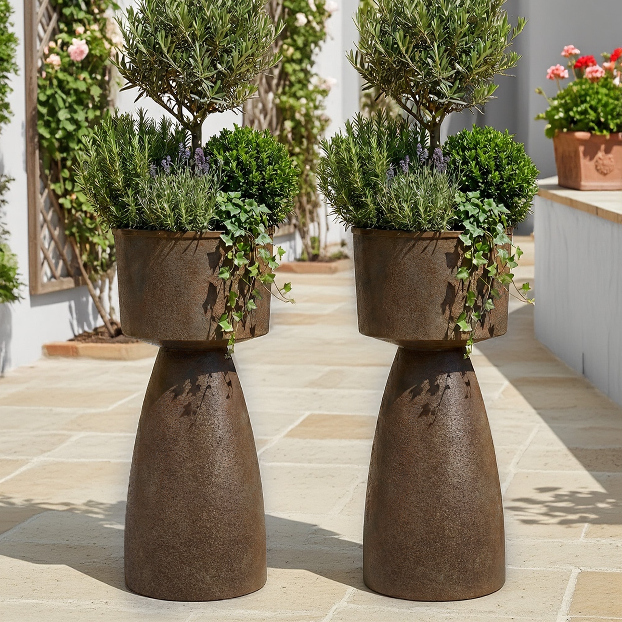 2 Pack Pedestal Planters Detachable Elevated Indoor Outdoor Planter with Stone Texture Twist-Lock Flower Pots