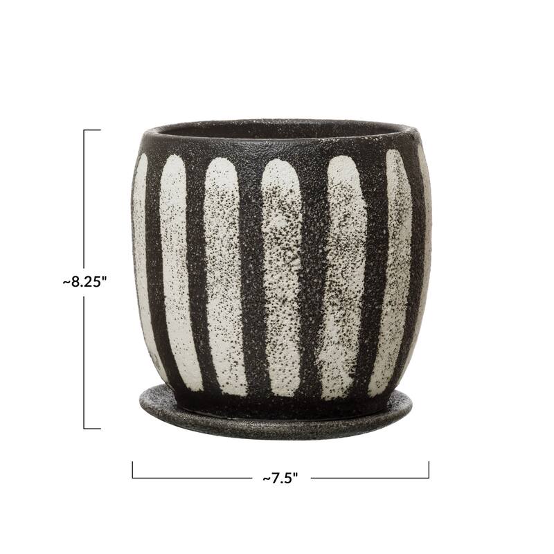 Hand-Painted Terra-cotta Planter with Saucer, Black & White, Set of 2 (Holds 6" Pot)