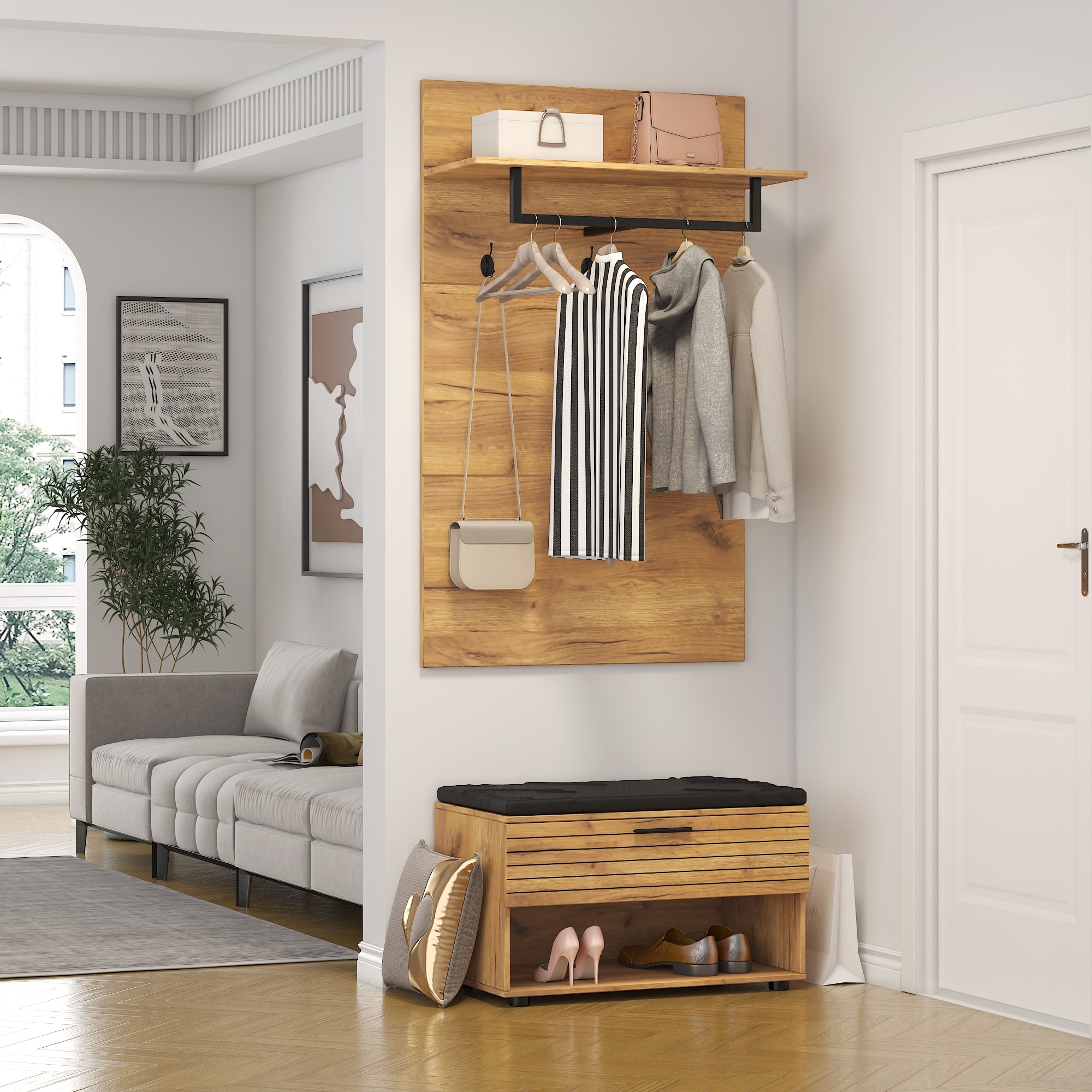 Entryway Coat Coat Hook Rack With Storage Tahanbath Entryway Wall Mounted Coat Rack With Dual Hooks Living Room Wooden Storage Shelf In Espresso main image 1