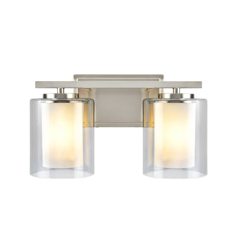 Aspen Creative Two-Light Metal Bathroom Vanity Wall Light Fixture, 13 1/2" Wide, Satin Nickel with Clear Glass Shade
