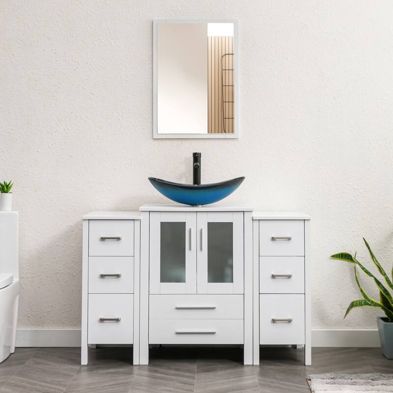 48" Bathroom Vanity Set Vessel Sink Mirror Faucet W/ Small Cabinet Combo - Glass blue boat sink - White
