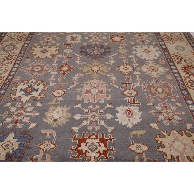All-Over Gray Geometric Oushak Indian Rug Hand-Knotted Wool Carpet - 8'0"x 10'0"
