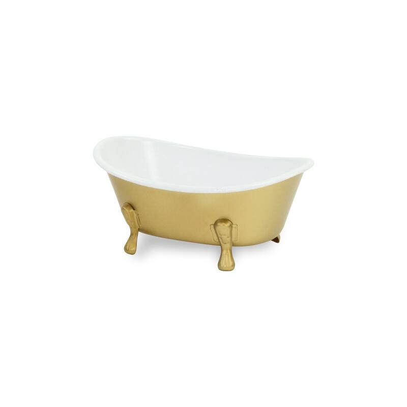 HomeRoots 7" Gold And White Metal Hand Painted Decorative Tub - 7.00 in. x 3.25 in. x 4.00 in.
