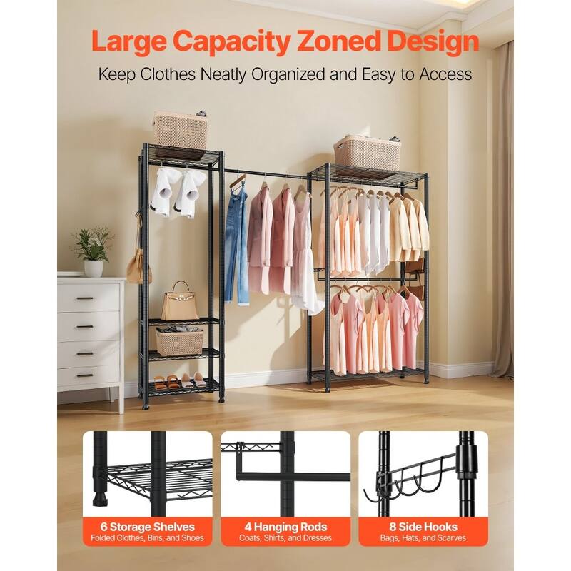 Black Adjustable Garment Rack with 6 Storage Shelves and Telescopic Rods for Clothing and Bags - 96.06” x 14.96” x 71”