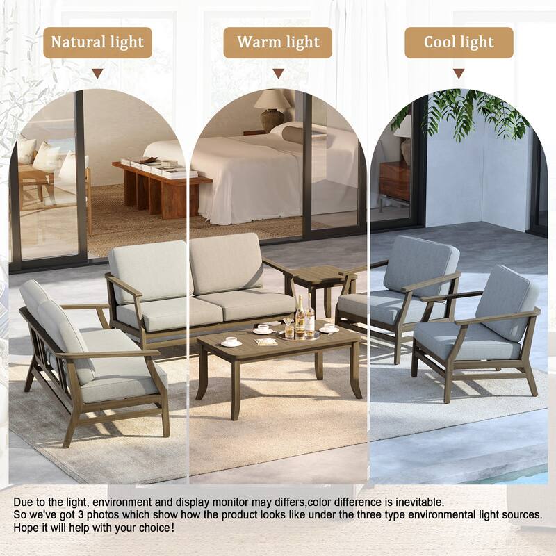 6-Seat Outdoor Teak Wood Patio Conversation Set with Cushions Tables