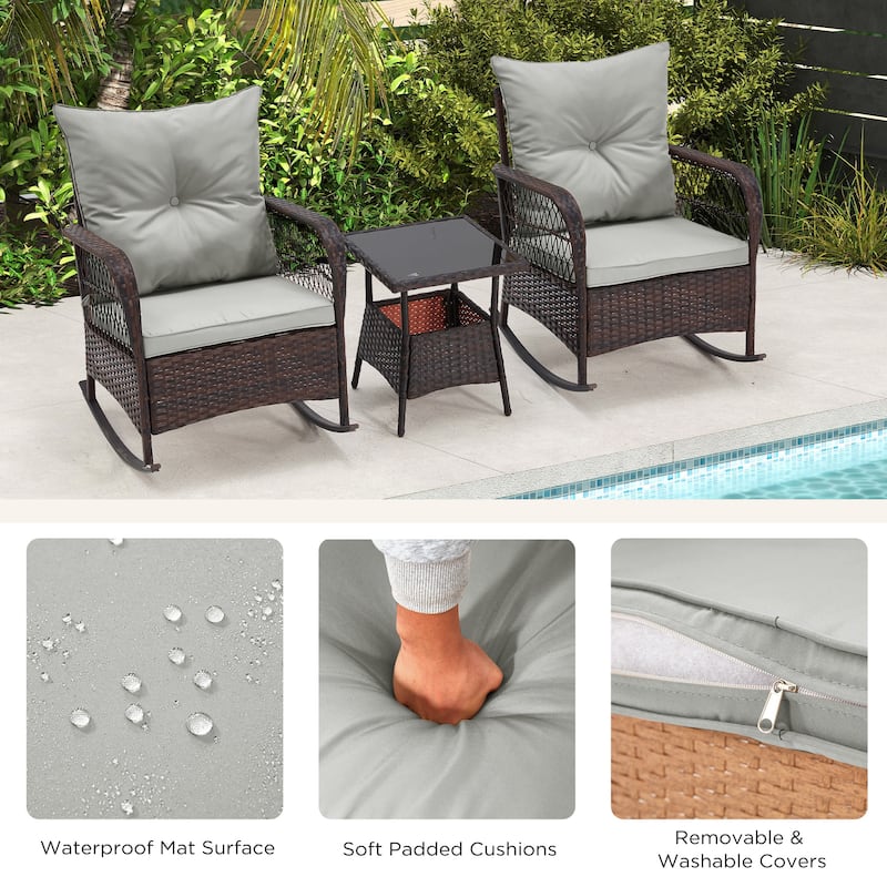 3-Piece Outdoor Rocking/Swivel Chair Set - PE Rattan Patio Furniture with Cushions & Coffee Table, Rocker Chairs for Backyard