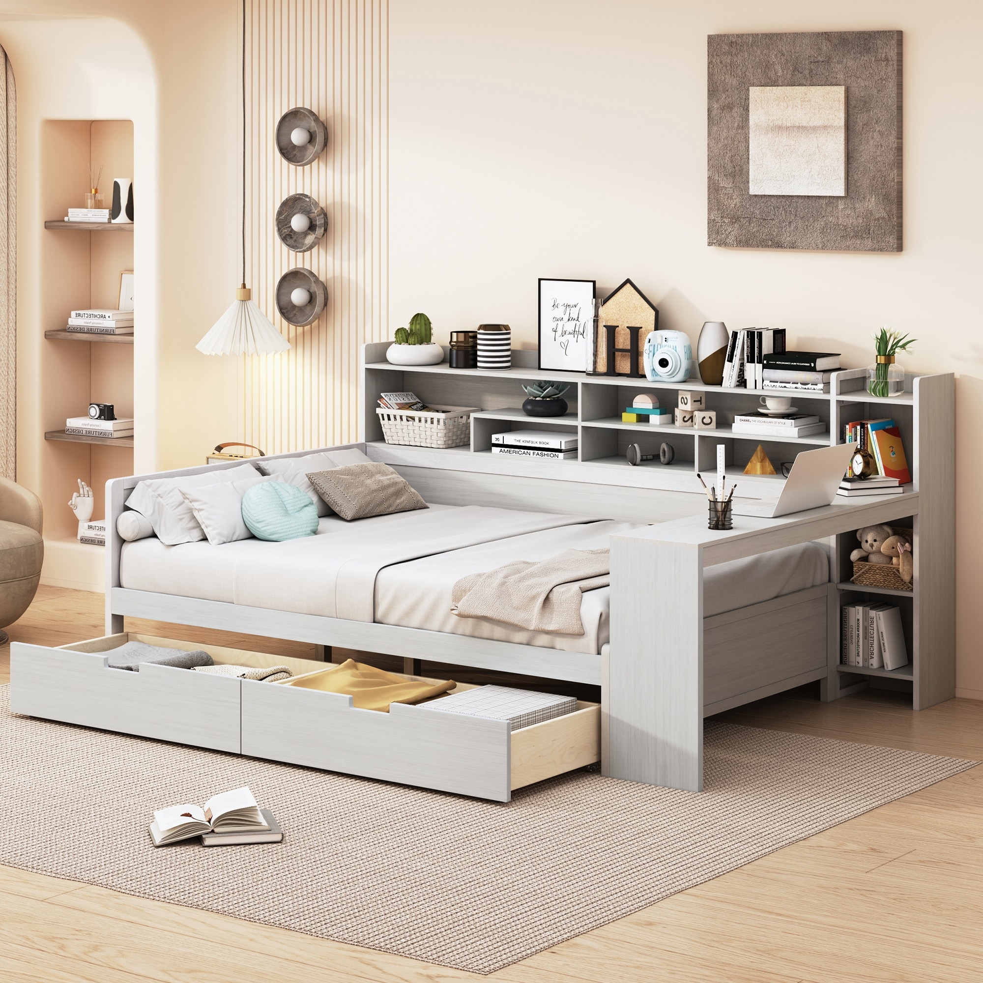 Wooden Daybed with Storage Shelves, Multi-functional Bed with Two Storage Drawers and Study Desk