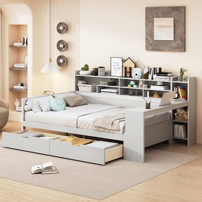 Wooden Daybed with Storage Shelves with Two Storage Drawers and Study Desk