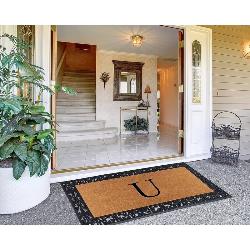 A1HC Rubber and Coir Paisley Border Heavy Duty Non-Slip Durable Double Door Monogrammed Doormat 30"X60", Black