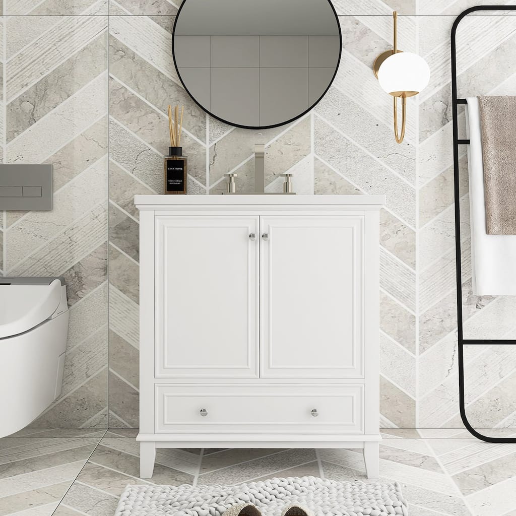 34.8" Tall Solid Wood with MDF 2-Door Freestanding in White with Basin - 30" x 18"