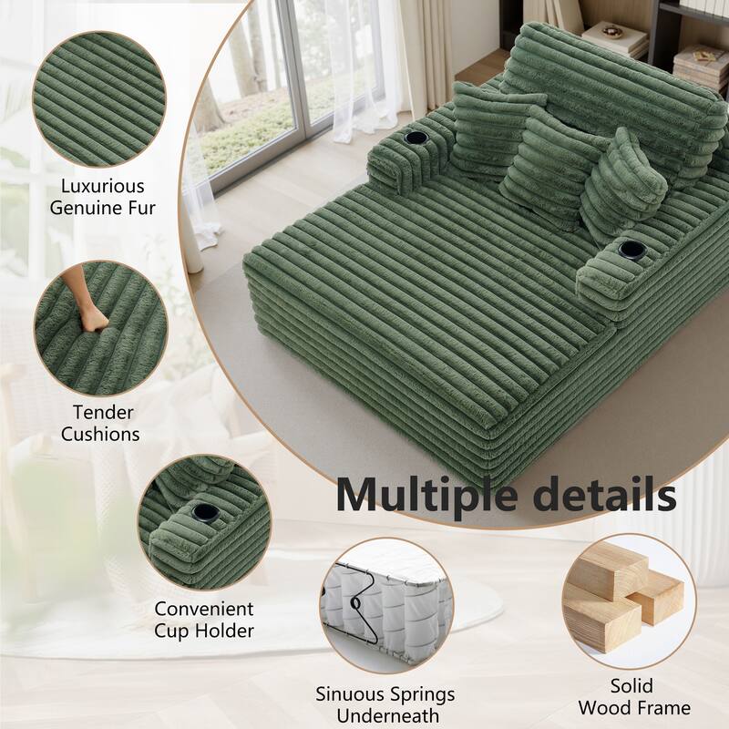 53"W Oversized Plush Fur-Like Chaise Lounge Sofa with Cup Holder