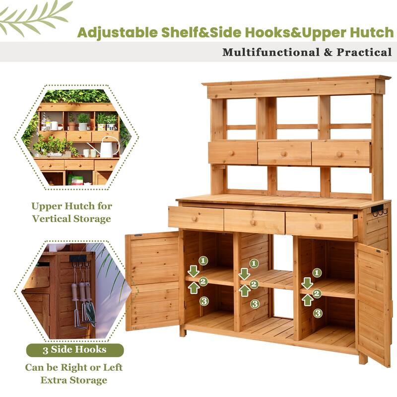 Outdoor Wood Workstation Table, Garden Potting Bench Table with Hutch, Storage Workstation with 2 Bottom Cabinets and Side Hooks