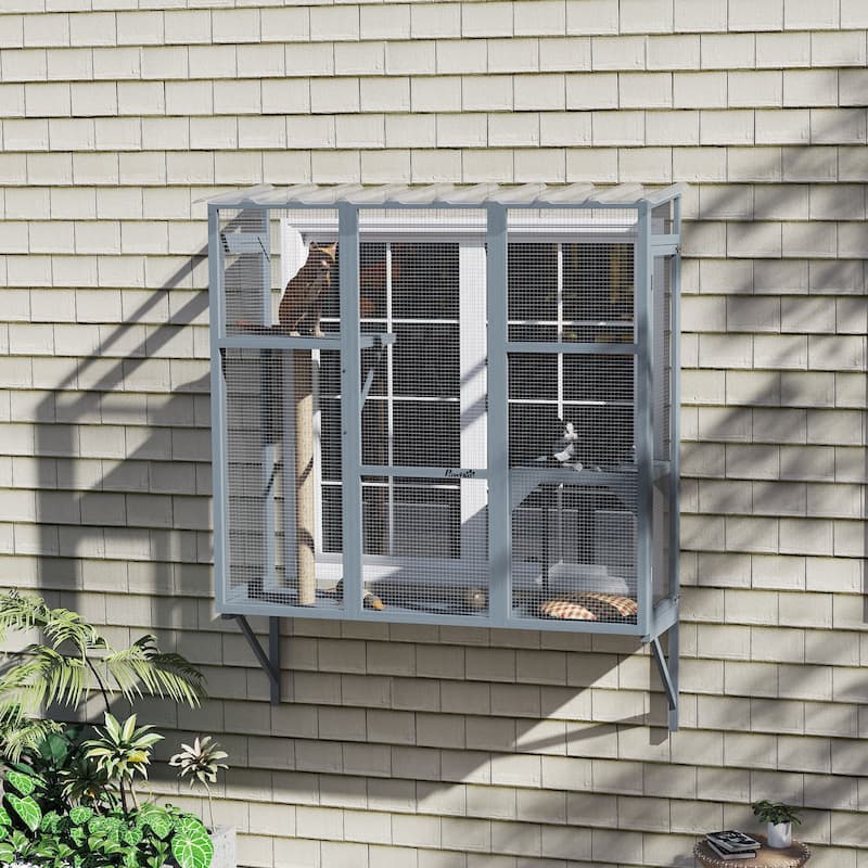 PawHut Outdoor Catio, Cat Window Catio Box Enclosure for 2-3 Large Indoor Cats with 2 Jumping Platforms, Scratching Post