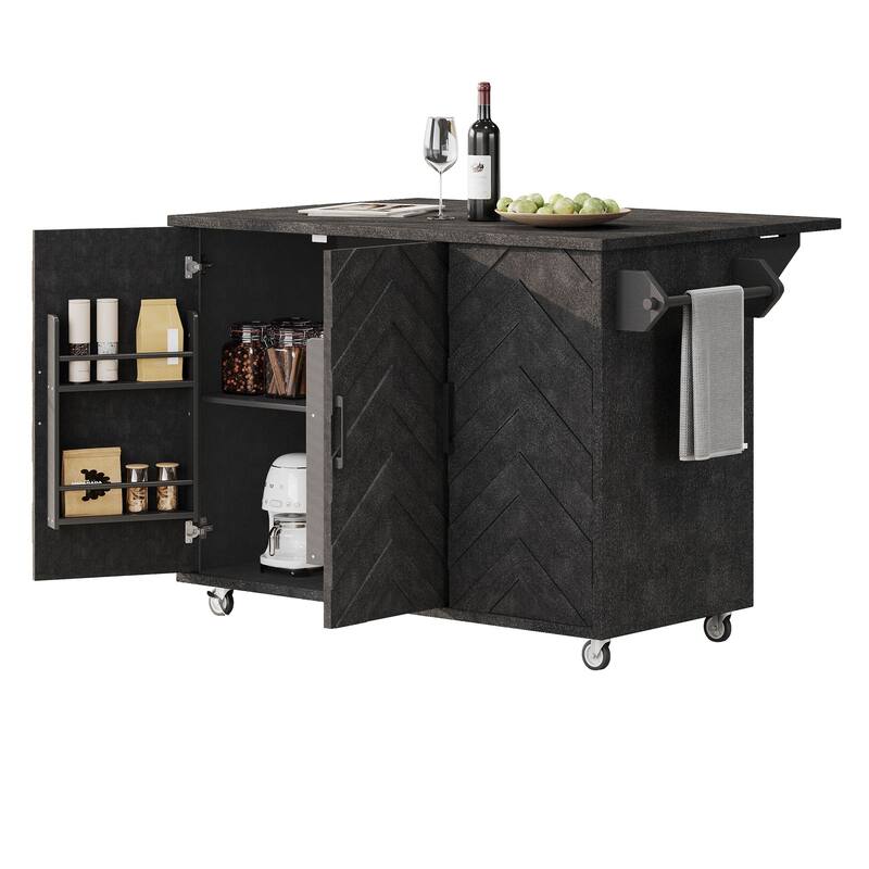 Rolling Kitchen Island with Drop Leaf, Ash Veneer Handwoven Doors, Internal Storage Rack, and Wheels - 51.2" Coastal Design
