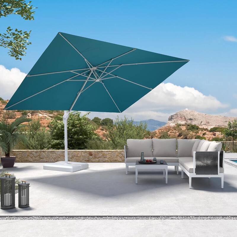 PURPLE LEAF White Rectangle Cantilever Patio Umbrella With Base - 9x11ft Blue