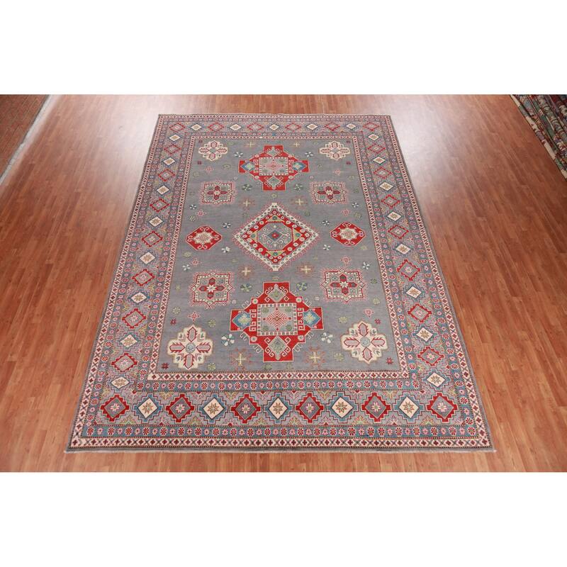 Hand Knotted Oriental 100% Wool Carpet Traditional Geometric Greys & Charcoal Kazak Area Rug - 13' 7'' X 9' 10''