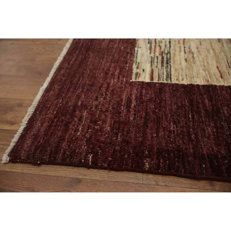 Hand Knotted Oriental 100% Wool Carpet Modern Geometric Red Gabbeh Area Rug - 10' 2'' X 8' 2''