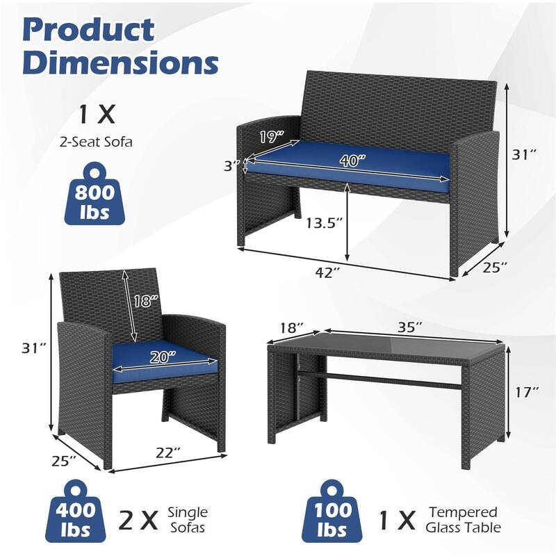 Gymax Set of 8 Patio Conversation Set w/Seat Cushions & Tempered Glass