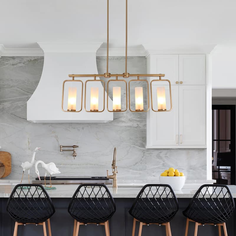 Siya Modern 5-Light Gold Linear Metal Chandelier with Frosted Glass for Kitchen Island Dimmable Pendant Lights